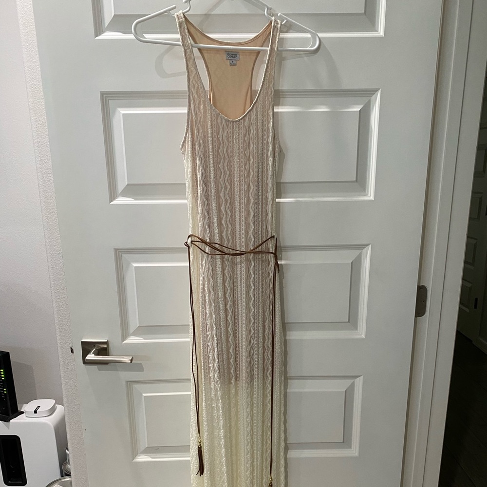 Cream lace maxi dress with leather belt tassel